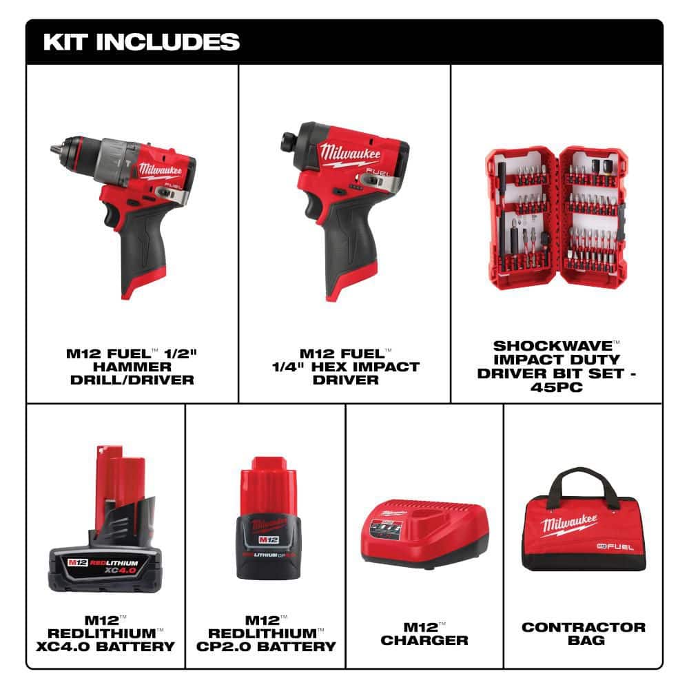 Unleash Your Power: M12 FUEL 12V Lithium-Ion Brushless Cordless Hammer Drill & Impact Driver Combo Kit with 45-Piece Bit Set