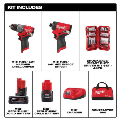 Unleash Your Power: M12 FUEL 12V Lithium-Ion Brushless Cordless Hammer Drill & Impact Driver Combo Kit with 45-Piece Bit Set